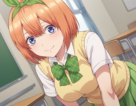 score_9, score_8_up, score_7_up, source_anime,
yotsubanakano, <lora:yotsuba-nakano-s1-ponyxl-lora-nochekaiser:1>, 
yotsuba nakano, bangs, short hair, blue eyes, hair between eyes, hair ribbon, hairband, orange hair, green ribbon, mature female,
skirt, shirt, bow, ribbon, school uniform, white shirt, short sleeves, pleated skirt, collared shirt, miniskirt, bowtie, kneehighs, green skirt, green bow, sweater vest, green ribbon, yellow sweater vest,
indoors, classroom, bent over, smile,
looking at viewer, cowboy shot, dutch angle, solo,