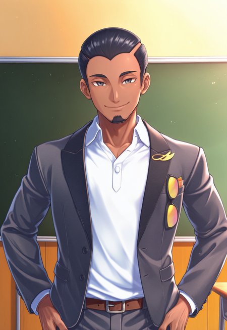 solo, masterpiece, detailed, ultra hd, best quality, 1boy, male, official art, w0lfc0nf, modern, new, masculine face, daddy looking face

PokeSalvatore, black hair, dark skin, facial hair, jacket, white shirt, hands on hips, looking at viewer, smiling, classroom, anime