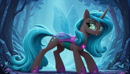 solo,resolution,masterpiece,high resolution,duo,my little pony,friendship is magic resolution,masterpiece,high resolution,solo,wild,pony  spring,one on the left and one on the right,ADDCOMM,
glasses Changelings Reversalis,a werewolf pony,black body,green eyes with slit pupils,She has a long turquoise mane with curly ends. She has a sharp black horn,holey sail-like wings with a pattern of hearts on the edges,TRANSPARENT BUTTERFLY WINGS,<lora:Reversalis44:1>,
<lora:Wholesome-MLP-v1.4b:1>,