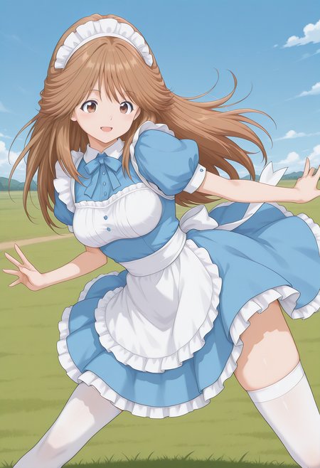 kawai_iyona, brown eyes, brown hair, long hair, maid headdress, maid apron, maid, blue dress, white thighhighs, <lora:kawai_iyona_illustrious_ver2:0.8>
smile, open mouth,, masterpiece, best quality, sensitive,, 1girl, solo, blue sky, (grasslands:1.2), looking at viewer,, (dynamic pose:1.4),
