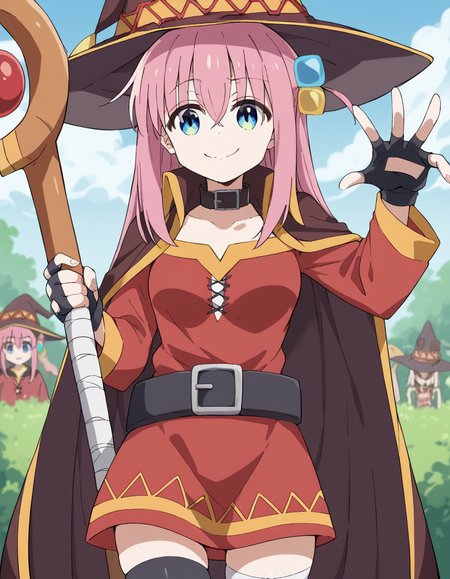 score_9, score_8_up, score_7_up, source_anime, hitorigotou, <lora:hitori-gotou-s1-ponyxl-lora-nochekaiser:1>, hitori gotou, blue eyes, cube hair ornament, hair between eyes, hair ornament, pink hair, one side up, long hair, medium breasts,, <lora:megumin-cosplay-ponyxl-lora-nochekaiser:1>, megumin cosplay, megumin (cosplay), thighhighs, gloves, hat, dress, black gloves, belt, black thighhighs, fingerless gloves, cape, collar, witch hat, bandages, red dress, single thighhigh, asymmetrical legwear, bandaged leg,, staff, holding staff, smug, outdoors, looking at viewer, cowboy shot,