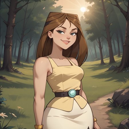 score_9, score_8, BREAK, solo, brown hair, long hair, lips, yellow sleeveless top, belt, white skirt, black high heel boots, yellow bracelet, breasts, total drama, TaylorTD, sexy pose, self portrait, smile, outdoors, sunlight, shadows, evening lighting, natural lighting, forest, trees, grass, orange sky, sunset
