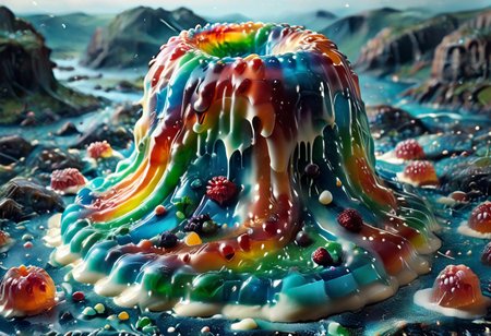 high quality, (Domination of the blue color:2), Jellystyle, stone bridge<lora:bad_prompt_version2-neg:1> <lora:By bad artist -neg:1>  <lora:Jelly_Style:1> (rainbow color grading:1.5). (Icing milk:2). (Sugar coating :1). berry made of jelly. River of milk. ais-chocsauce Mountains. Crystallized Sugar Rain. The floor is covered with honey. Multi-colored Jellystyle cat.
(Fish) Made of gum with glowing precious stones is shown into the jello realm. From the right of the frame, the Jellystyle cat.
CastleBreizh XL Mk8 on the left.
Asymetric composition, dynamic pose, field of depth, grass in the foreground. Close-up view from below.