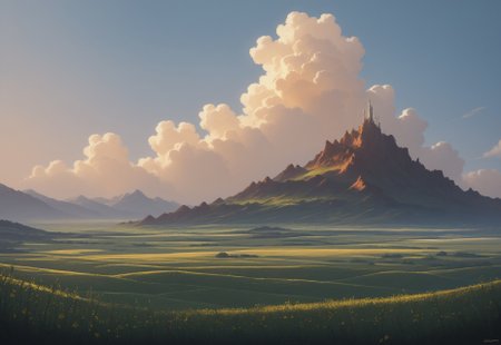 score_9, score_8_up, masterpiece, best quality, absurdres, highres, high quality, highly detailed, landscape photography, fields of golden grain, bright blue sky with white wisps of cloud, a single tree, natural lighting, high contrast, vibrant color, arcane