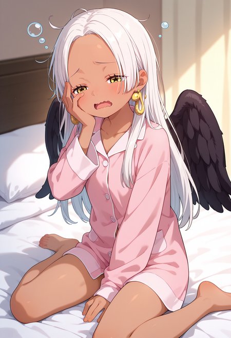 best quality, masterpiece, aass, long hair, white hair, dark-skinned female, earrings, yellow eyes, star-shaped pupils, black wings, <lora:s-snake_ilxl_v1:0.9>, pajamas, no pants, sitting, wariza, on bed, sleepy, wavy mouth, open mouth, half-closed eyes, hand on own face,