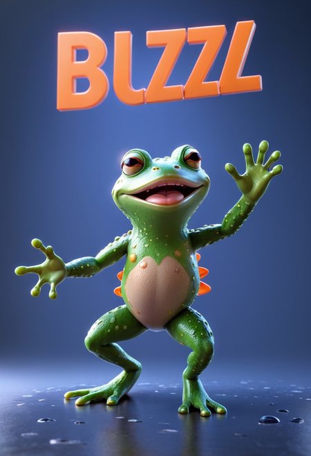 A 3D Pixar movie like Frog. Simple background. Holding sign that says "Need Buzz for Jump." Masterpiece, High quality, Ultra Details, Buzz2