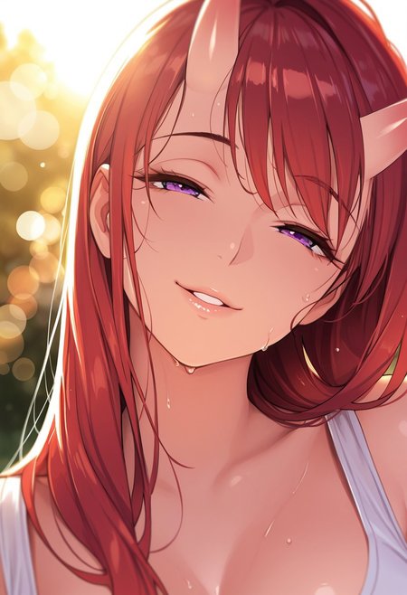 masterpiece, best quality, 1girl, solo, oni, milf, mommy, purple eyes, red hair, long hair, oni horns, looking at viewer, portrait, white tank top, sweat, outdoors, depth of field, smile, half-closed eyes, bokeh, bloom, backlighting, lens flare, head tilt, parted lips,