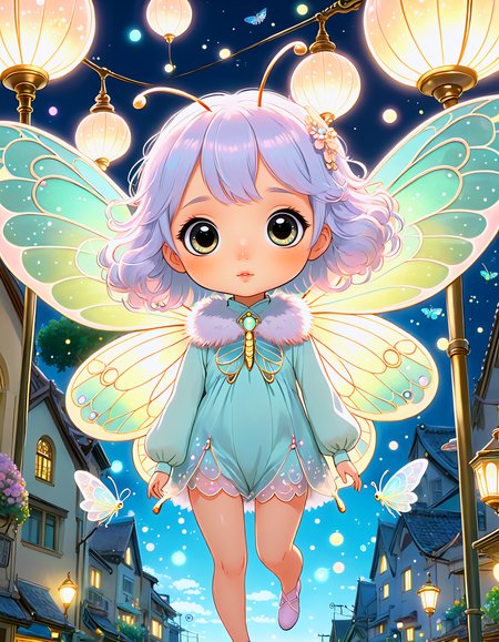 studio ghibli, thicker outline
anime screencap, small chibi moth girl, big luminous eyes, delicate antennae, soft fuzzy wings, pastel colors, intricate wing patterns, detailed moth fur, whimsical, fluttering around a glowing street lamp, surrounded by glowing orbs, highly detailed, whimsical atmosphere, wide shot, top-down angle