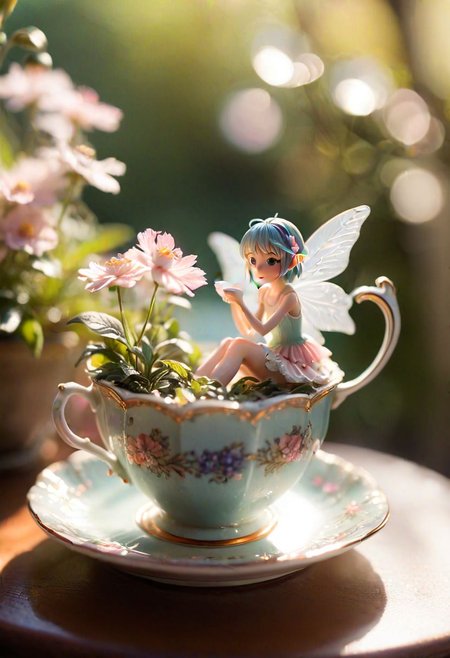 (anime girl:1.3), (tiny:1.2), (fairy wings:1.1), delicate, intricate, (peeking out:1.2), (miniature:1.2), floral teacup, miniature furniture, sunlight filtering through tea, detailed shadows, whimsical, soft focus, bokeh, cozy, magical, (soft pastel colors: 1.2)