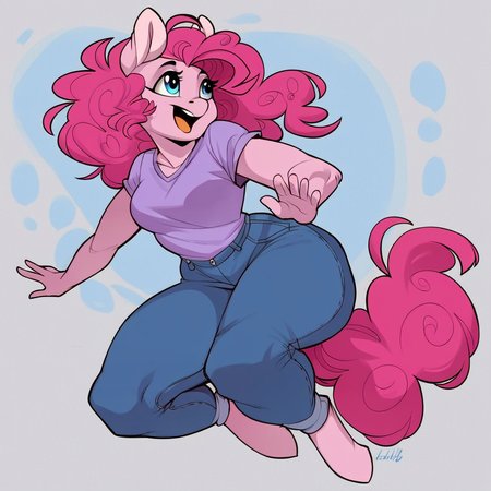 <lora:Evehly_Style_v2_PonyXL:0.8>, evehly, by evehly,  score_9, score_8_up, score_7_up, score_6_up, score_5_up, score_4_up, source_furry, source_pony, source_cartoon, rating_safe, unguligrade anthro, anthro, breasts, clothing, clothed, pinkie pie, anthro, earth pony, wide hips, thick thighs, unguligrade anthro, detailed background, in cloudsdale, jumping