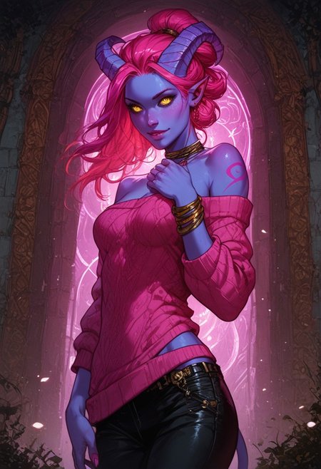score_9, score_8_up, score_7_up, score_6_up, score_5_up, masterpiece, perfect face, perfect hands,perfect eyes, high quality, (EyesHD:0,5), color theory,
,solo,
Sinewy build, 1 demon girl, tiefling,female, yellow eyes,  horns, ,lilac pink purple skin colour, wild hair,
Oversized sweater, pants, wrist watches, 
 ,tribal jewlery,
leather straps,
,hip bend,
Dynamic pose, , hip angle, 
BREAK 
background,
,innside, high detail,neon lights, ,indoors, bar \(place\), sci-fi, dance club,
 ais-rmr,easynegative,