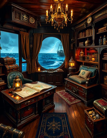 <lora:Captain_c4b1n:1>,Captain c4b1n
A richly detailed pirate captain's cabin aboard an 18th-century wooden ship. The room is dimly lit by flickering candlelight and a hanging oil lantern, casting warm golden glows on the dark oak walls. An ornate wooden desk sits at the center, covered with ancient, weathered maps, a golden compass, and scattered quills with ink bottles. A large, curved window at the back reveals the vast ocean under a moody, cloudy sky, with faint moonlight seeping in.
To the right, a massive wooden bookshelf filled with leather-bound books, nautical charts, and mysterious artifacts, some covered in dust. On the left, a polished mahogany chest with intricate carvings, partially open, revealing gold coins and shimmering gemstones. A grand captain's chair, upholstered in deep red velvet, sits behind the desk, exuding authority and power.
The wooden floor is rugged and slightly uneven, adorned with an old tattered rug. A cutlass and a flintlock pistol rest casually on the desk, while a pirate hat with a large feather hangs on the wall beside a mounted shipâs wheel. The atmosphere is both eerie and majestic, evoking the spirit of adventure and the mysteries of the sea.
<lora:SDXLFaeTastic2400:0.4> <lora:extremely_detailed:0.4> extremely detailed, Masterpiece,best quality,hi res,8k,hi res,8k,award winning,(sharp focus, intricate, highly detailed),