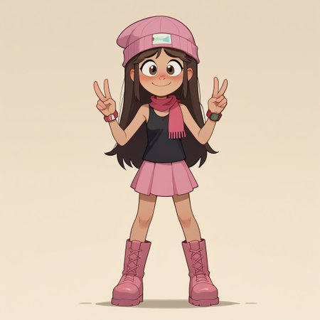 Expressiveh, score_9, score_8_up, score_7_up, cartoon style, 1girl, solo, libby, brown hair, brown eyes, long hair, tan-skinned female, 
 Young, small breasts, slender, blush, nervous smile, double v, 
Standing, full body,
beanie, black sleeveless shirt, pink scarf, pink skirt, pink boots, red watch