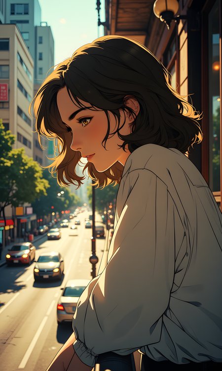 This image captures a serene and contemplative moment featuring a woman leaning on a railing, overlooking a bustling city street. The camera is positioned at eye level, providing a direct and engaging perspective of the subject. The angle is slightly angled to her left, allowing for a clear view of her face and the surrounding environment.
The lighting in the image is soft and natural, likely from natural light coming through a window or an open door. The light type appears to be natural daylight, which creates a warm and inviting atmosphere. The light direction is from the front-left side of the subject, casting gentle shadows that highlight the contours of her face and the texture of her clothing.
The woman is looking down, with a slight smile on her face, suggesting she might be lost in thought or simply enjoying the moment. She is wearing a white long-sleeve top, which adds to the overall sense of simplicity and elegance. Her hair is styled loosely around her shoulders, adding a touch of softness to the scene.
The background features a busy city street with various cars and buildings, creating a sense of depth and context. The colors and textures in the background complement the subject's appearance, creating a harmonious and visually appealing composition. The overall mood of the image is one of quiet reflection and tranquility, capturing a moment of stillness amidst the hustle and bustle of urban life.
BREAK anime, d13s3lp2nk, bboil artist style, OBdonman, Anime art, <lora:FLUX\Anime Art V3:0.4>, <lora:FLUX\Synesthesia:0.2>, <lora:FLUX\RetroAnimeS1.1:0.4>, <lora:FLUX\Flux-jijia:0.1>, <lora:FLUX\It's a LoRA for portraits, BUT! actually specialized in backgrounds. v1.0:0.1>, <lora:FLUX\GLSHS:0.2>, <lora:FLUX\Dieselpunk Delight - s0_9 g4:0.2>, <lora:FLUX\OBdonman, anime0style portrait:0.1>