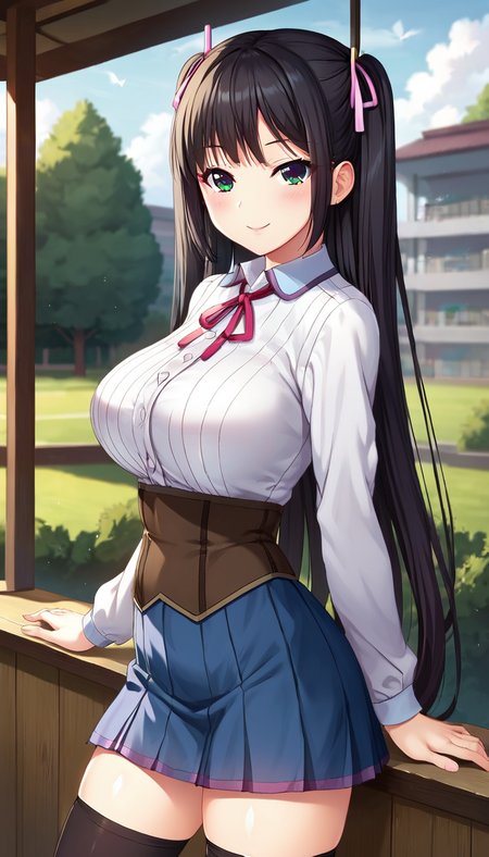 score_9,score_8_up,score_7_up,score_6_up BREAK official art,solo,outdoors,upper body,(portrait:1.5),looking at viewer,facing viewer,smile,blush,Kamisato Kiriko,very long hair,black hair,two side up,twintails,hair ribbon,pink ribbon,bangs,green eyes,school uniform,white shirt,collared shirt,neck ribbon,red ribbon,long sleeves,large breasts,underbust,brown corset,miniskirt,blue skirt,pleated skirt,thighs,black thighhighs,zettai ryouiki,loafers,<lora:Kamisato Kiriko(on)-Pony:1.2>,