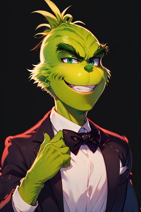 score_9, score_8_up, score_8,  ,,, , zzGrinch,  solo, looking at viewer, smile, simple background, shirt, gloves, long sleeves, 1boy, bow, green eyes, jacket, white shirt, upper body, male focus, teeth, collared shirt, hand up, bowtie, grin, black jacket, dress shirt, black bow, colored skin, formal, thick eyebrows, suit, wing collar, black background, black bowtie, evil smile, green skin, green gloves, lapels  <lora:GrinchPDXL:1.0>,,,, BREAK, smile, looking at viewer, cowboy shot, ,,, embedding:zPDXL, Expressiveh, ,,, <lora:Zankuro_Style_PDXL:0.8> <lora:SDXLFaeTastic2400:0.5>, <lora:Expressive_H-000001:0.4>,