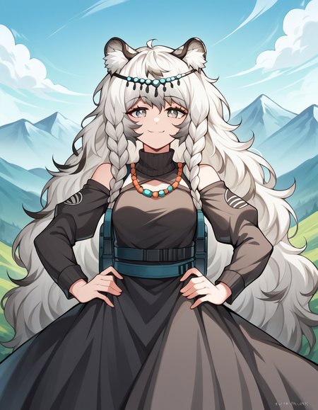 score_9, score_8_up, score_7_up, source_anime, <lora:arknights-pramanix-ponyxl-lora-nochekaiser_r1:1>, pramanix, pramanix (arknights), animal ear fluff, animal ears, grey eyes, braid, grey hair, leopard ears, long hair, very long hair, small breasts, mature female, messy hair, multicolored hair, two-tone hair, wavy hair, white hair, bare shoulders, black dress, dress, juliet sleeves, long sleeves, puffy sleeves, veil,, mountain trail, hiking, nature, backpack, adventure, fresh air, smile, looking at viewer, smug, hands on hips,, solo,, cowboy shot, dutch angle