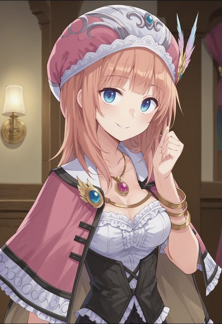 score_9, score_8_up, score_7_up, score_6_up, score_5_up, score_4_up , anime coloring ,BREAK source_anime, anime,screencap,
1girl, solo, a12, long hair, breasts, pink cape, black corset,bracelet, pink headwear, pendant,  <lora:PonyXL RoronaF V1:0.9>
indoors, upper body,
smile, looking at viewer,