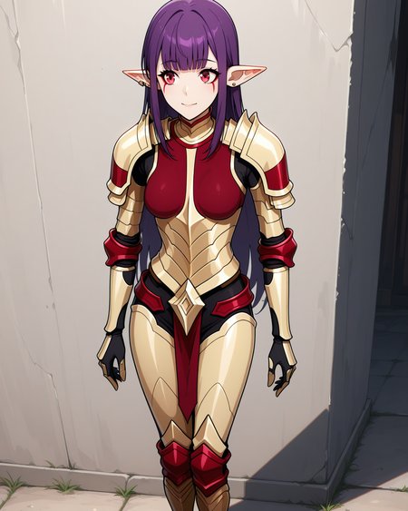 (golden armor armored boots bodysuit:1.50), 
sl-esil, red eyes, purple hair, blunt bangs, ear rings, ear piercings
medium breasts, 1girl, (solo:0.60), (skinny:0.8),
(masterpiece, highres, ultra-detailed,very aesthetic, best quality, absurdres, high quality, highres), 
happy,
standing,
(:0.90), 
BREAK,
,
,
long hair sidelocks
<lora:sl-esil-V03-illXL:1.00>