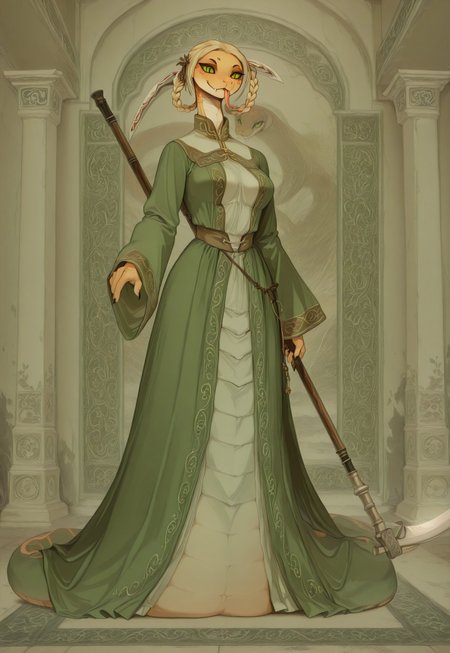 masterpiece,best quality,amazing quality, indoors, pillar
<lora:Anthropomorphic_snakes_Naga:1> anthropomorphic_snakes_(naga), 
ry4, blonde hair, braid, green eyes, braided hair rings, mole under mouth, slit pupils, solo
green dress, wide sleeves
smile, forked tongue, long tongue, tongue out, closed mouth, looking at viewer, grin, smug,
black aura, black energy, blood stain, casting spell, fighting stance, dynamic pose, foreshortening, standing, holding scythe, flaming weapon, menacing, full body,
dynamic pose, dutch angle, dynamic angle
<lora:Rya:1>,  <lora:forkedtongue_Illust_v1:1>,   <lora:Chinoiserie_Illu_Style:1> Chinoiserie, no humans, colored skin, fangs, facial mark, slit pupils, furry, colored sclera, black sclera, snake, scales, furry female, multicolored skin, snake girl, alien, lamia, squama, Snakegirl, Chinoiserie,  <lora:reptiloids_sdxl_v05_495-15-0:0.4> reptiloid, snake head,