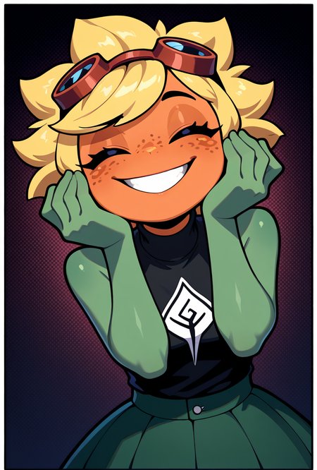 <lora:solarflare-09:1> solarflare, blonde hair, 1girl, goggles on head,  short hair, black shirt, freckles, dark green skirt, ((anthro )),green skin, turtle neck, , green skirt, spikey hair, big smile, teeth,  orange face, , green neck,  sleeveless, pose, no ears, earless,  shirt print, shirt over skirt, big anthro hands, flat hands, fin hands,  around face, circular face,  no humans, monster girl, , smile,, masterpiece, best quality, amazing quality, very aesthetic, absurdres, newest,, upper body, halftone effect, white borders, abstract background:1.2,