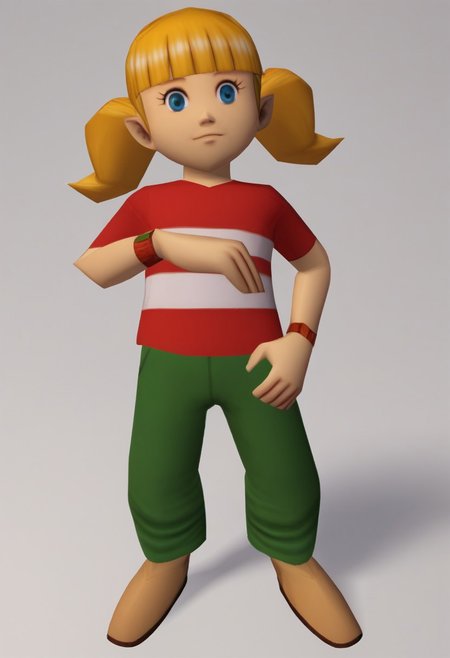 score_8, score_8_up, score_7_up, source_anime BREAK, 1girl, solo,  3d, polygonal, white background, full body, penny \(inspector gadget\), blonde hair, twintails, blunt bangs, blue eyes, flat chest, red shirt, red shirt, striped shirt, stripe, white stripe, green pants, wristwatch,
