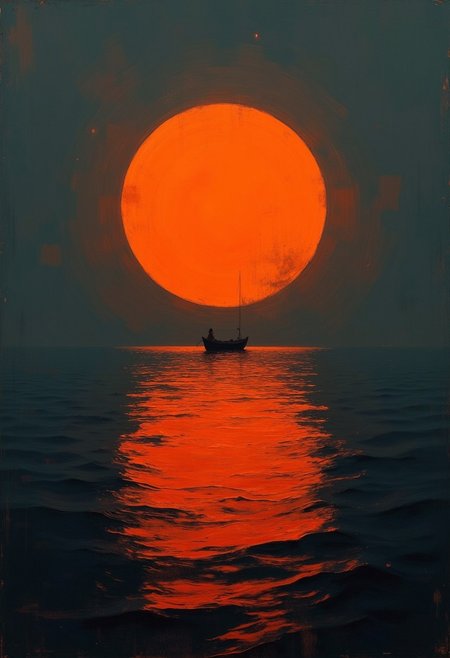 DB4RZ style painting, 　 Dark cyberpunk artwork of THE PENITENT ONE , grainy, noise, . Extremely hyper realistic detailed  blender processed, realistic water, huge perfect round orange color circular light in the center, a silhouetted small boat, dark skies. minimalism.