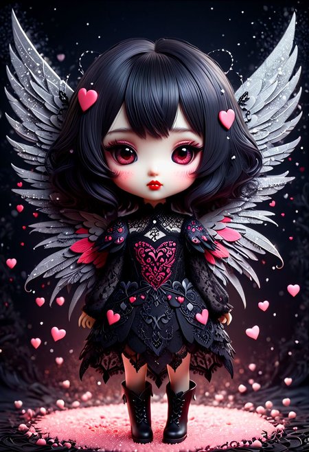 beautiful hyper detailed whimsical 35 k ultra realistic hyper detailed beautiful dark chibi fairy, hyper detailed perfecteyes, shadow woman red lips graphic, dark intricate wings on back, black lace dress, black boots, in the style of Charlie Bowater, nicoletta ceccoli , dark  Whimsical, Detailed Fantasy, black lace Background pattern with tiny  3d red and pink hearts, Glitter, White Thorns, Muted Colors, Explosion, Intricate Extremely Detailed, Hyperdetailed, style of monica lee, Hgonzag, Camilla d'Errico Diego Gisbert,Winter wonder land art art, Masterpiece, trending on artstation, featured on pixiv, cinematic composition, 8K