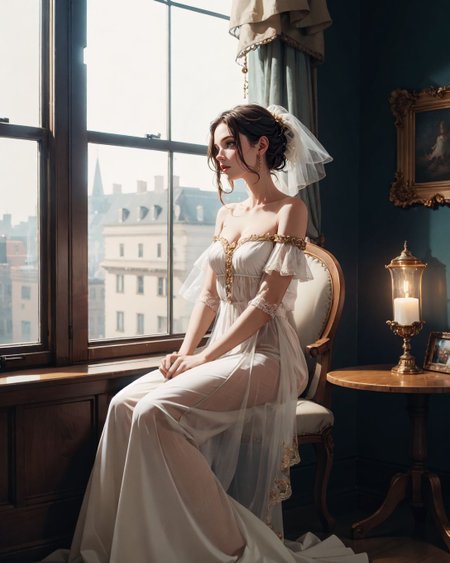 (Cowboy shot:1.5), (style of Paolo Roversi) Renaissance adult woman, (flowing diaphanous gown:1.27), seated by a window, period-appropriate artifacts, soft light, intricate details, thoughtful expression, soft lighting, rich textures, detailed embroidery, elegant and timeless, muted color palette, vintage and nostalgic, rule of thirds composition, soft shadows, dreamy atmosphere,  Photorealism, 8k, studio photo, environmental concept art by Alexander Jansson, Maya Takamura, and Thomas Kinkade