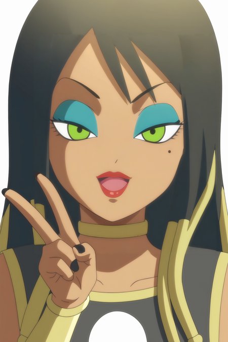 source_anime, score_9, score_8_up, score_7_up, anime screencap, absurdres,
helles, official style, 1girl, solo, long hair, looking at viewer, smile, open mouth, simple background, black hair, white background, jewelry, green eyes, collarbone, one eye closed, dark skin, nail polish, mole, dark-skinned female, mole under eye, v, makeup, neck accessory, lipstick, black nails, eyeshadow, armlet, bracer, gold choker, v over eye
<lora:helles_pony_v1:0.8>