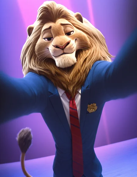 zootopia artstyle,
masterpiece, best quality,
pinup pose, looking at viewer, perfect face, colorful, dramatic angle, unique perspective, unique angle, detailed, intricate details, highres, absurdres, smile, on stage, furry male, solo, lion, lionheart, red necktie, lion tail, whiskers, brown eyes, blue suit, white shirt, brown fur, smug, cowboy shot, closed mouth
<lora:Zootopia_Art_Style_ill_3D:0.95>âââ