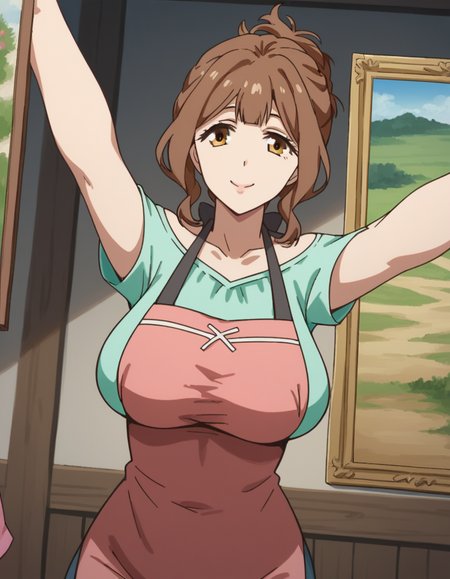 score_9, score_8_up, score_7_up, source_anime, <lora:torino-kazami-s1-ponyxl-lora-nochekaiser:1>, torino kazami, large breasts, brown hair, brown eyes, mature female, folded ponytail, sidelocks,, shirt, apron, green shirt, collarbone, pink apron, pants, denim, museum, art exhibit, paintings, observing, quiet contemplation, cultural experience, smile, looking at viewer, on back, arm support, arms up, incoming hug, pov, reaching, reaching towards viewer,, solo,, cowboy shot, dutch angle