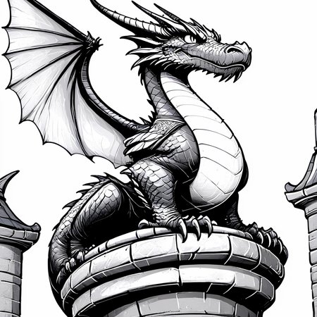 <lora:DnDBWIllustration:1> ArsMJStyle, DnDBWIllustration, dragon, The image shows a black and white drawing of a dragon perched atop a building with a pillar to its right. The dragon is depicted in a sketch-like style with intricate details and shading., monochrome, greyscale, no humans, dragon, wings, horns, solo, white background, simple background, weapon