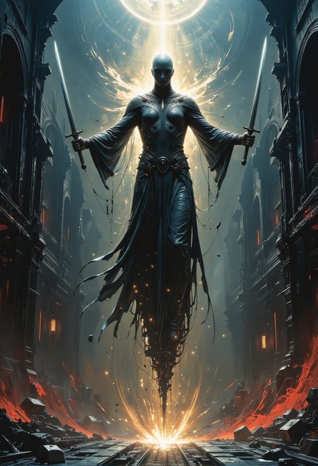 Epic fantasy painting featuring a spectral figure at the center, floating through the air with two swords crossed above its head. The ghost wears a long, tattered robe illuminated by a faint beige glow, casting an eerie, ethereal light. Each sword is broken and jagged, enhancing the haunting presence. The ghost's face is shadowy and indistinct. Surrounding it is a dark, gothic cathedral with towering arches and stained glass windows, shrouded in shadows. The scene includes dramatic backlighting, swirling ethereal mist, and glowing runes, creating a mystical aura. The color palette features deep blue and dark red tones, with an ominous mood and intricate details. Rendered in high resolution (8k, HDR) with a focus on dramatic composition and soft glowing highlights. <lora:artisketchyfs-v02.safetensors:1.0>,  <lora:The_Dark_Side_Of_The_Future.safetensors:0.33>, <lora:Aura_Flux-000010.safetensors:0.5>,