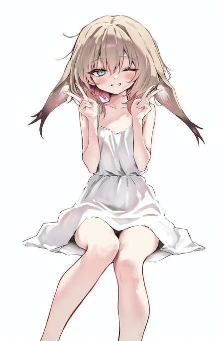 <lora:xileda-000016:1>,xileda,1girl,solo,looking at viewer,simple background,white background,double v,sleeveless dress,sitting,one eye closed,smile,, masterpiece, best quality, very aesthetic, absurdres,newest, incredibly absurdres,, toshizou \(0714\)