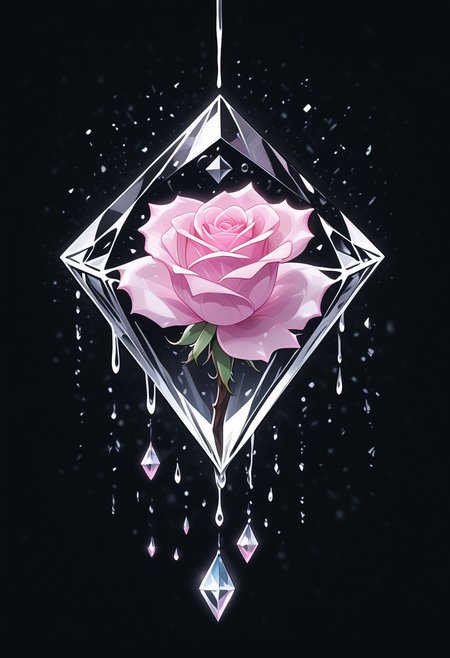 (masterpiece), best quality, Anime, Illustration, (Floating Diamond, Crystal, Magic, Reflection, Melting, Dripping, Pink Rose), Black Background, No Humans, Starry Theme, (Light Refraction), White and Pink Theme, Natural Lighting, Verynsty