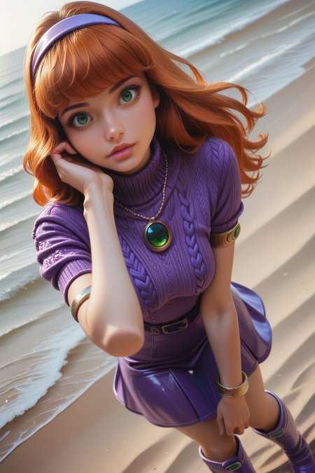 embedding:lazyup, embedding:lazympos, realistic:0.7,portrait, kawai face, smooth skin,  perfect face, perfect body, perfect hands,
daphne blake, scooby-doo, 1girl, lips, purple eyes, green eyes, long hair, orange hair, purple hairband, medium breasts, tiara, aran sweater, high-low skirt, rubber boots, kneehighs, necklace, armlet,beach ,dutch angle <lora:TrendCraft_The_Peoples_Style_Detailer-v2.0A-3_13_2025-PonyXL:1>