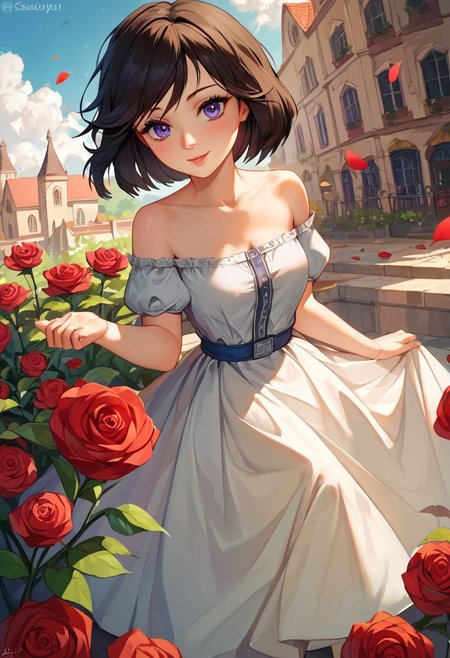 score_9, score_8_up, score_7_up, score_6_up, score_5_up, girl, Elizabeth (Bioshock), black hair, short hair, purple eyes, blue sundress, off shoulder, skinny, look at viewer, pale skin, tiny waist,  petite, innocent, small body, coy smile, medieval dress, rose, rose garden with cloudy sky, flying city, Sharp details Insane quality, Insane resolution, Insane details, Masterpiece, 32k resolution, epic Photo