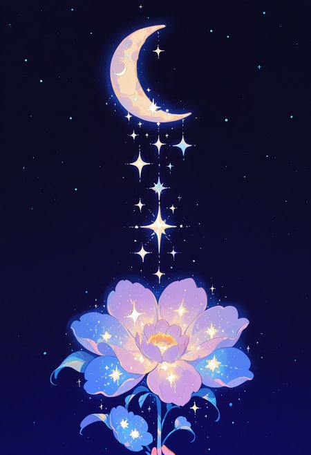 momosp, star (sky), sparkle, crescent moon, flower