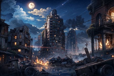 <lora:Wasteland:1>, the ruins city, skyscraper, fire, flame, scarps, damaged building,
<lora:more_details:0.8>, extremely detailed, CG, finely detail, (masterpiece, best quality):2.0, (intricate details, depth of field), 
8k, HDR, ultra detailed, ((photorealistic)), professional light, cinematic lighting, fashion photography, ambient lighting, atmospheric effects, 
<lora:Night scene_20230715120543:0.47>, (night):1.2, starry star, 1moon, one moon, beautiful sky,