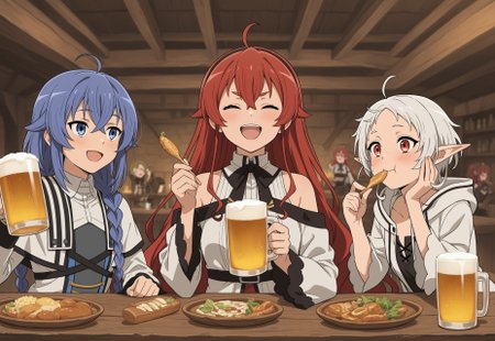 masterpiece, high quality, aged up, 3girls,, small breasts, roxy migurdia,  eris greyrat, sylphiette \(mushoku tensei\), fantasy, tavern,drinking glass,beer, happy, eating