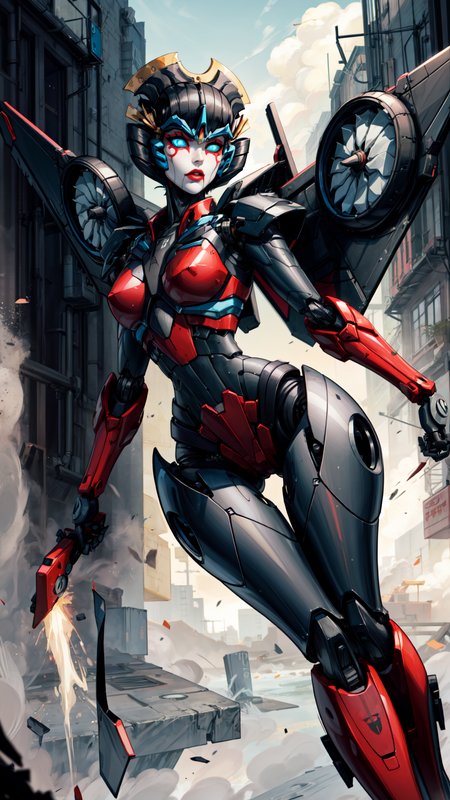 <lora:windblade:0.7> 1girl, solo, windblade, robot, mecha, glowing eyes, no_humans, autobot, wings,  <lora:add_detail:1>