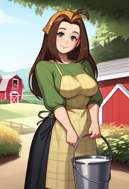 score_9, score_7_up, BREAK, 1girl, looking at viewer, smile, looking at viewer, closed mouth, <lora:riz_pd_glora:1>, <lora:Celia-pdxl_Fp:1>, celiahm, brown hair, grey eyes, ahoge, long hair, bandana, green shirt, apron, skirt, large breasts,  outdoors, holding, bucket, milk, head tilt, farm,