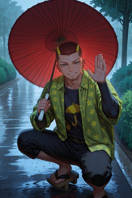solo, subsurface scattering, realistic shading, natural lighting, raining, sunshower, sunny, summer theme, (holding wagasa umbrella), traditional japanese umbrella, wagasa, looking at viewer, expressive face, sweet smile, one hand waving, outdoors, road, bush, from above, dynamic angle, squatting, shorts, UnjiZuma, facial hair, chin stubble,  zuma_ear_piercings, zuma_eyebrow_piercing, zuma_oversized_shirt_with_flower_patterns, tight longsleeves, zuma_knee_length_pants, geta sandals, 