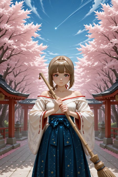 masterpiece, best quality, amazing quality, 1girl, solo, makeup, general, blush, cowboy shot, outdoors, cherry blossoms, shrine, torii, holding broom, cleaning, panorama, serene, miko, day, sunlight, sky, cloud, chore, <lora:Yorita_Yoshino_Cinderella:0.7>, Yorita_Yoshino_Cinderella, long hair, brown hair, very long hair, brown eyes, blunt bangs, hair ribbon, low ponytail, <lora:Celestial_Shrine_Maiden_Outfit:1>, Celestial_Shrine_Maiden_Outfit, long sleeves, bare shoulders, japanese clothes, wide sleeves, off shoulder, blue hakama skirt, blue hakama, bow, blue bow, star print, sash, obi, collarbone, star(symbol), starry sky print, constellation print, long skirt, socks, ribbon trim, ribbon-trimmed sleeves, zouri, miko, <lora:wai-2Rectified-V140:1>, <lora:illustrious_noobai_epsilon_pred_1_masterpieces_v1:1>
