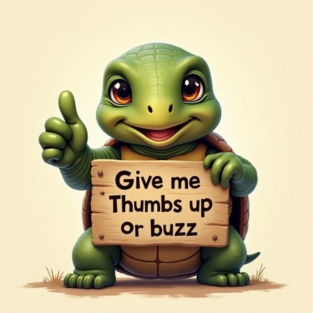 cute tortoise holding a sign  it says "give me thumbs up or buzz"