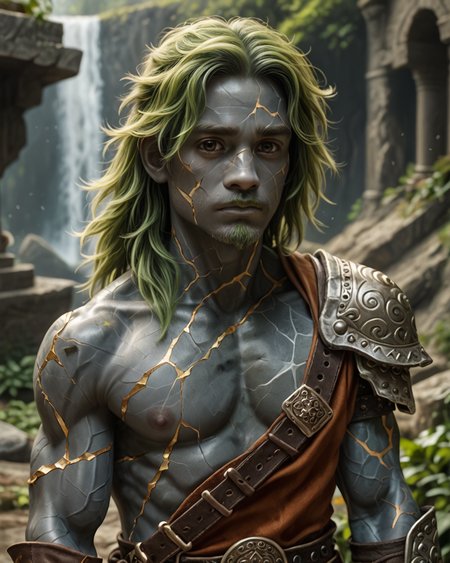 1score_9, score_8_up, score_7_up, intricate details, rating_questionable,
<lora:GenasiEarth:1>, fantasy setting, 
<lora:gooeycandy1:1>,
1boy(GenasiEarth, earth genasi, young man, green hair, green goatee, muscular, barbarian, dark grey skin, marble skin:1.5, stone inclusions, gems inclusions, gems hair, glowing cracks, solo, cowboy shot, sad, looking at the viewer, solo, slender), detailed background, depth of field, subsurface scattering, 
<lora:ral-chrosc-clr:0.3>, ral-chrosc-clr,
<lora:xl_more_art-full_v1:0.3>,
<lora:add-detail-xl:0.3>