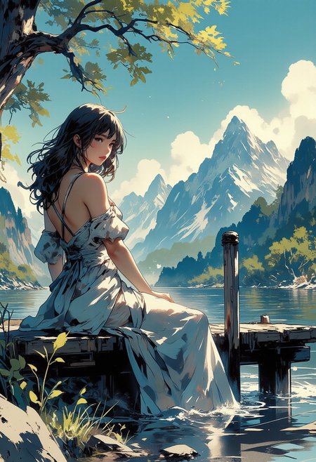 Mh1$AgThS2, intricate linework with expressive contrasts, soft lighting with dynamic highlights, neo-noir portrait, silver halide, young Asian woman in a summer dress, long loose hair, sitting at the end of a jetty on tranquil mountain lake, with mountains in the background, In the style of ff-td