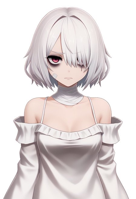 score 8 up, solo,1girl, white hair, hair over one eye, two-tone eyes, pink eyes, red eyes, white clothing, spaghetti_strap, oversized blouse, medium breasts, bags under eyes, mascara, bandaged_neck, fewarriorsportraits, portrait, white background