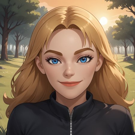 score_9, score_8, BREAK, solo, mii, wii, wii sports resort, 1girl, female mii, cute, blonde hair, long hair, dark blonde eyebrows, black eyeshadow, blue eyes, lips, wide lips, black clothing, black pants, shoes, big breasts, Gabi_(\Wii_Sports_Resort\), white skin, Nintendo Mii, modern_mii, classic_mii, sexy pose, self portrait, smile, outdoors, sunlight, shadows, evening lighting, natural lighting, forest, trees, grass, orange sky, sunset